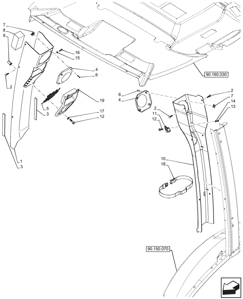 Схема запчастей Case 580N EP - (90.160.040) - CAB INTERIOR TRIM, PILLAR (90) - PLATFORM, CAB, BODYWORK AND DECALS
