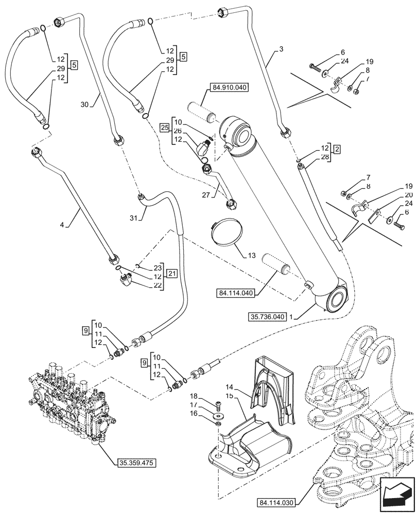 Схема запчастей Case 580SN - (35.736.030) - BACKHOE BOOM CYL. SECTION, CYLINDER, LINE (35) - HYDRAULIC SYSTEMS