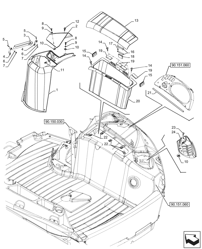 Схема запчастей Case 580N EP - (90.160.020) - CAB INTERIOR TRIM, RIGHT SIDE, PANEL (90) - PLATFORM, CAB, BODYWORK AND DECALS