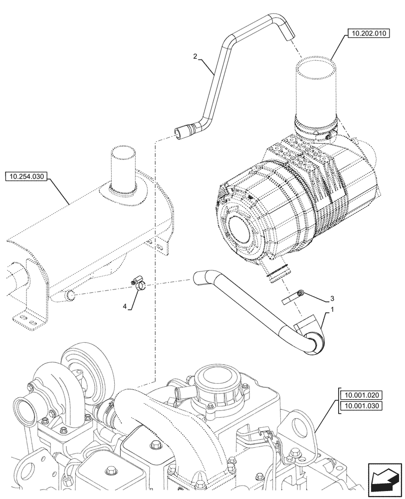 Схема запчастей Case 580SN - (10.254.040) - ENGINE, EXHAUST PIPE, MUFFLER, ELECTRONIC (10) - ENGINE