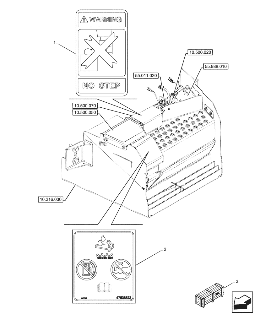 Схема запчастей Case 580SN WT - (90.108.060) - VAR - 745167 - WARNING DECAL, DEF TANK (90) - PLATFORM, CAB, BODYWORK AND DECALS