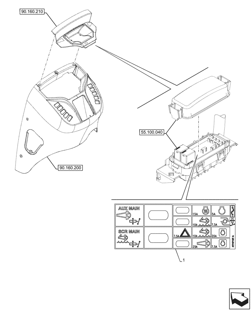 Схема запчастей Case 580SN WT - (90.108.011) - DECAL, FUSE BOX, ENGINE (90) - PLATFORM, CAB, BODYWORK AND DECALS