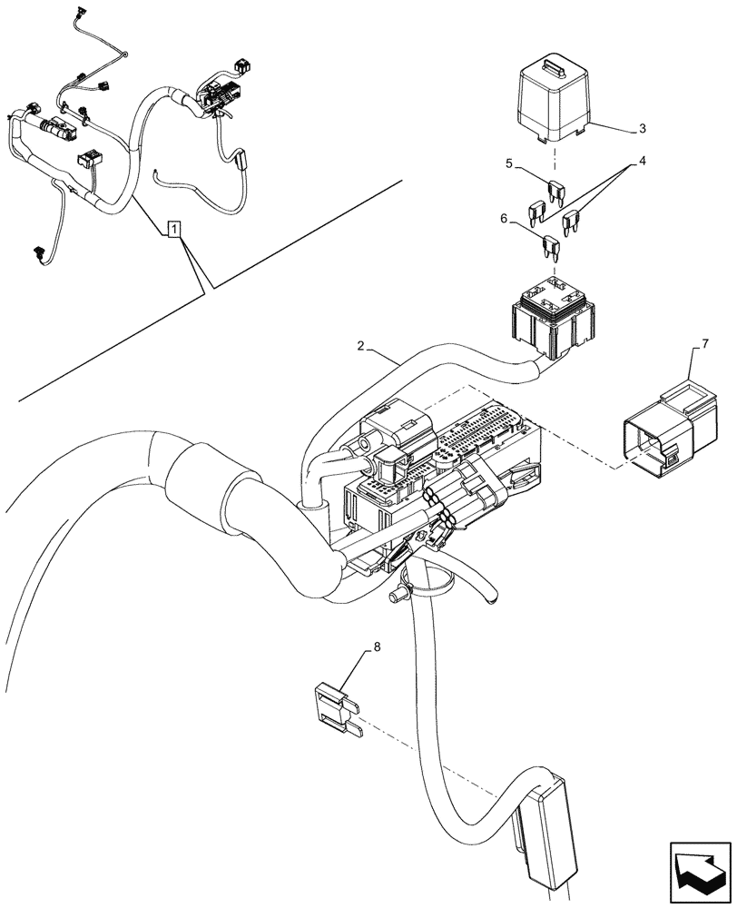 Схема запчастей Case 580N EP - (55.100.030) - ENGINE, HARNESS, FUSE BOX, RELAY (55) - ELECTRICAL SYSTEMS