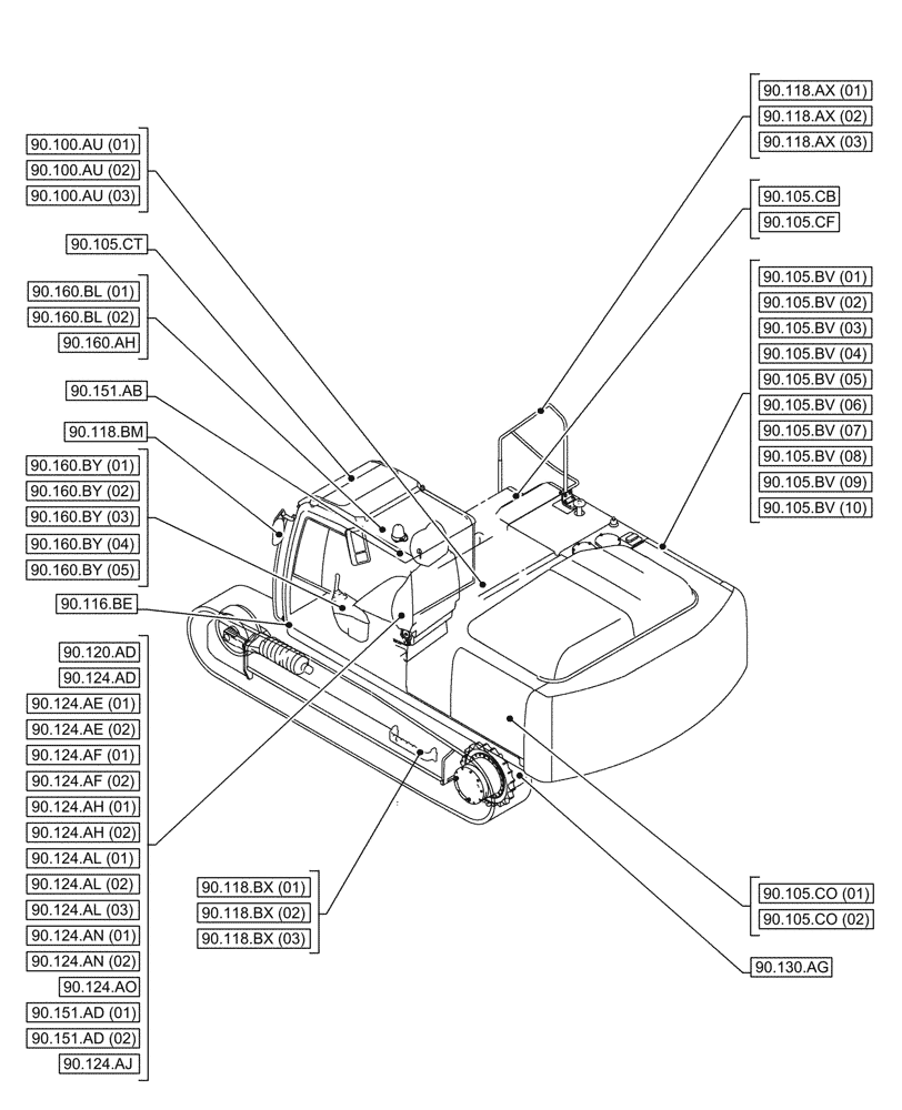 Схема запчастей Case CX300D LC - (00.000.90[01]) - PICTORIAL INDEX - PLATFORM, CAB, BODYWORK AND DECALS (00) - GENERAL & PICTORIAL INDEX