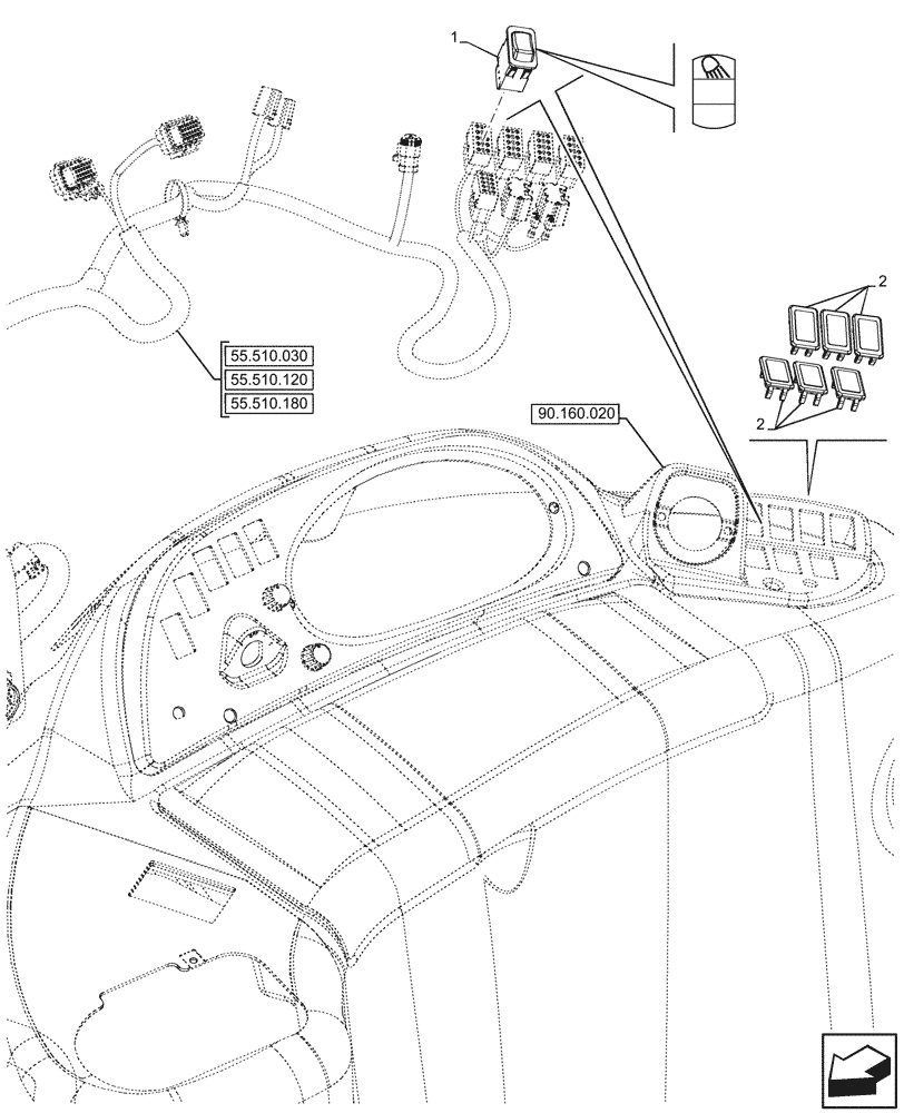 Схема запчастей Case 580N EP - (55.405.020) - WORK LIGHT, REAR, SWITCH (55) - ELECTRICAL SYSTEMS