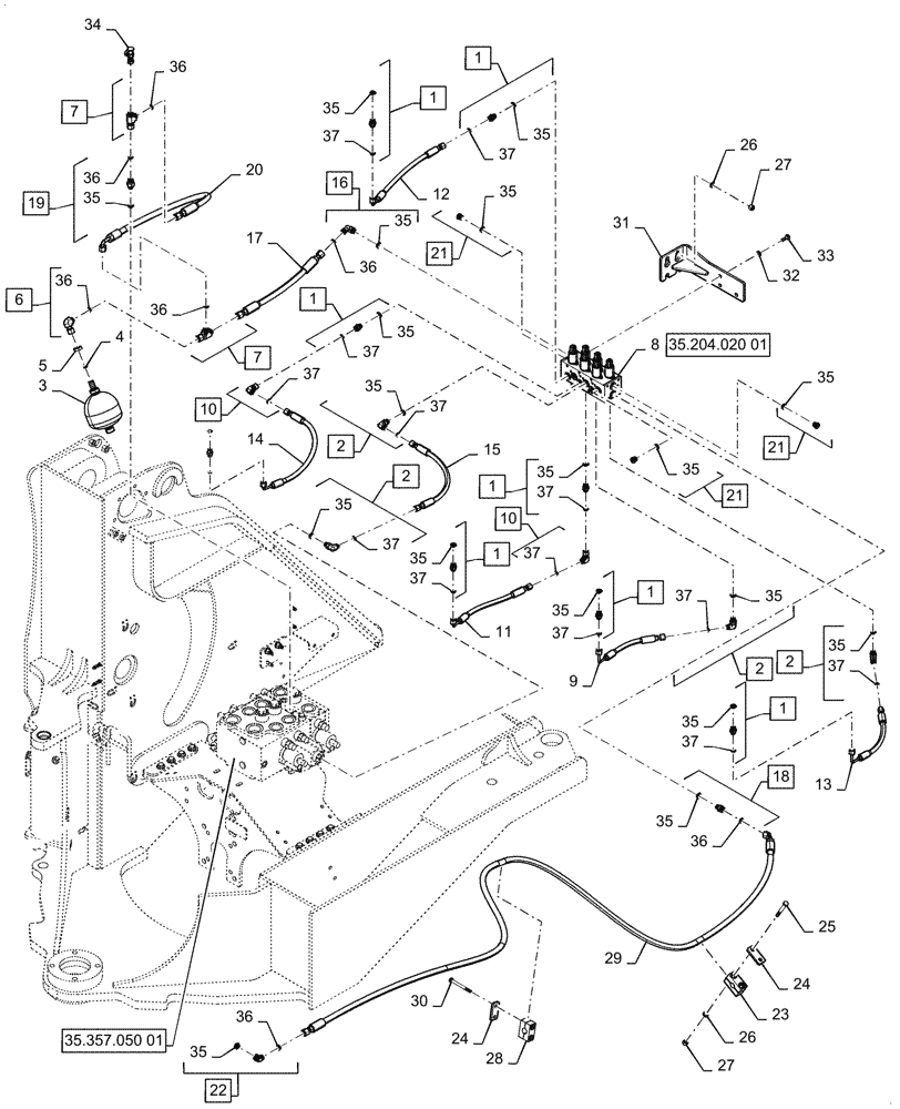 Схема запчастей Case 821G - (35.480.020[01]) - VAR - 734053, 734054 - CONTROL VALVE LINE - 3 SPOOL, EH (35) - HYDRAULIC SYSTEMS
