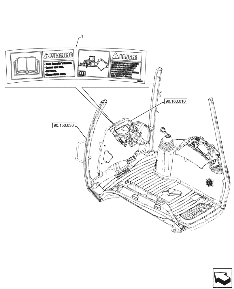 Схема запчастей Case 580SN WT - (90.108.150) - WARNING DECAL, CAB (90) - PLATFORM, CAB, BODYWORK AND DECALS