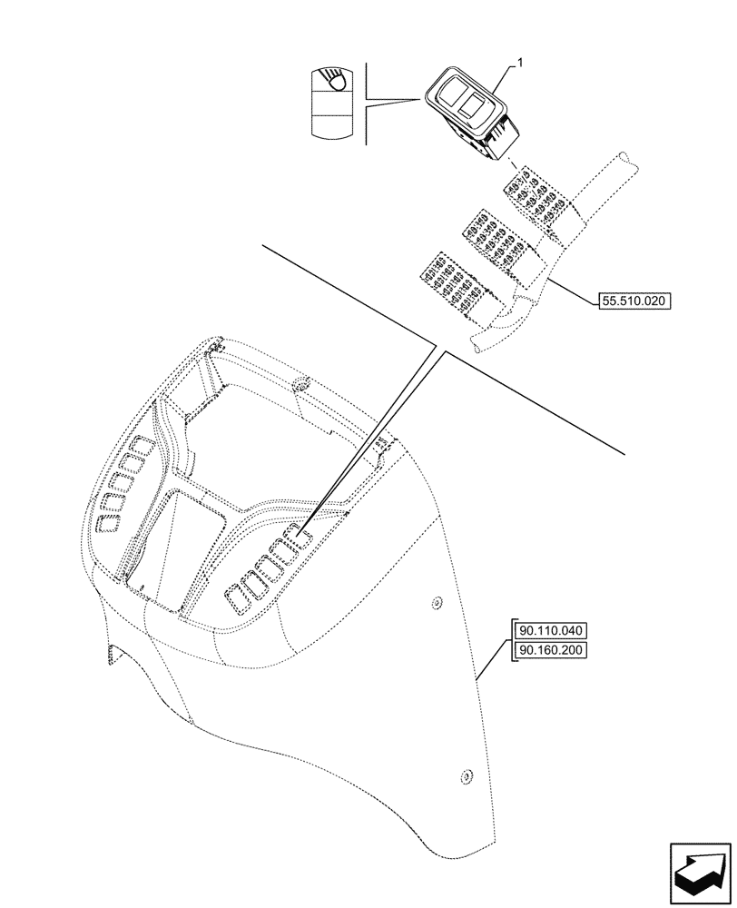 Схема запчастей Case 580N EP - (55.405.060) - VAR - 423000, 442082, 442085, 745159, 747853, 747854, 747855 - WORK LIGHT, SWITCH (55) - ELECTRICAL SYSTEMS