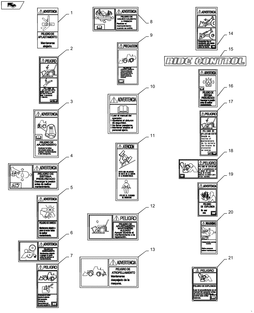 Схема запчастей Case 821G - (90.108.020[03]) - VAR - 482190 - DECALS, SPANISH (90) - PLATFORM, CAB, BODYWORK AND DECALS