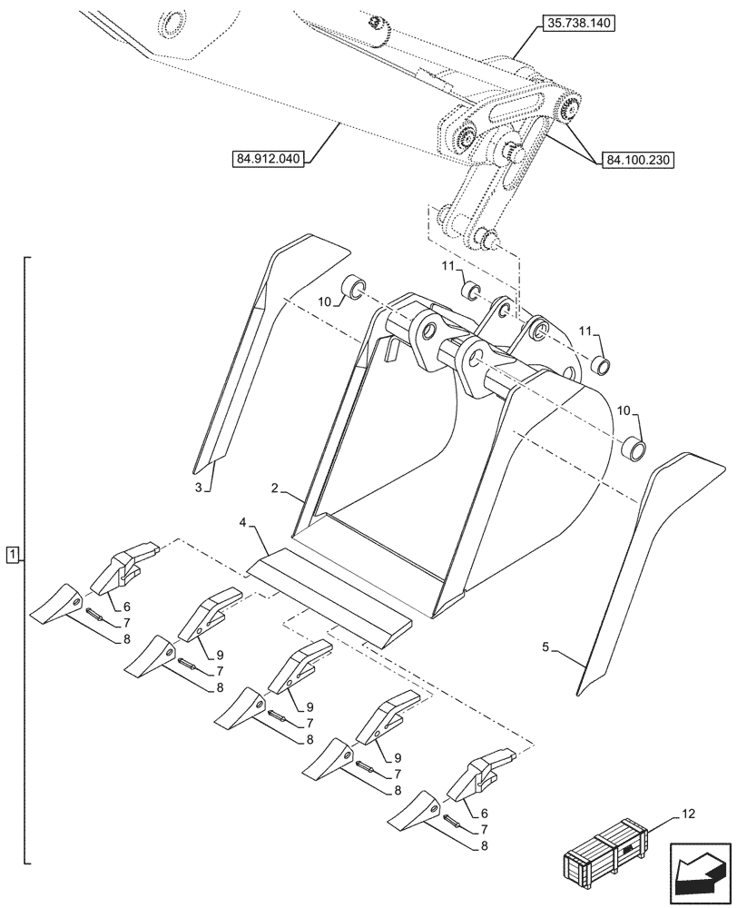 Схема запчастей Case 580N EP - (84.100.050) - VAR - 423069 - BUCKET, UNIVERSAL 24INCH/610MM (84) - BOOMS, DIPPERS & BUCKETS