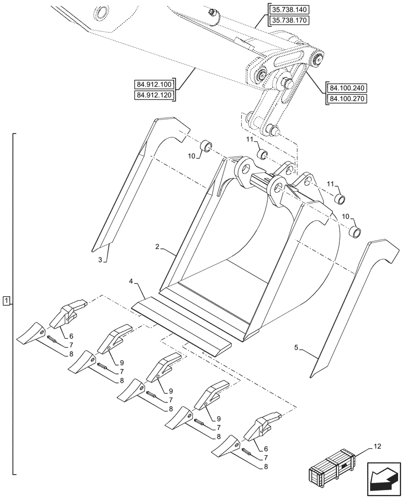 Схема запчастей Case 580SN WT - (84.100.090) - VAR - 423065 - BUCKET, HIGH CAPACITY 30INCH/762MM (84) - BOOMS, DIPPERS & BUCKETS