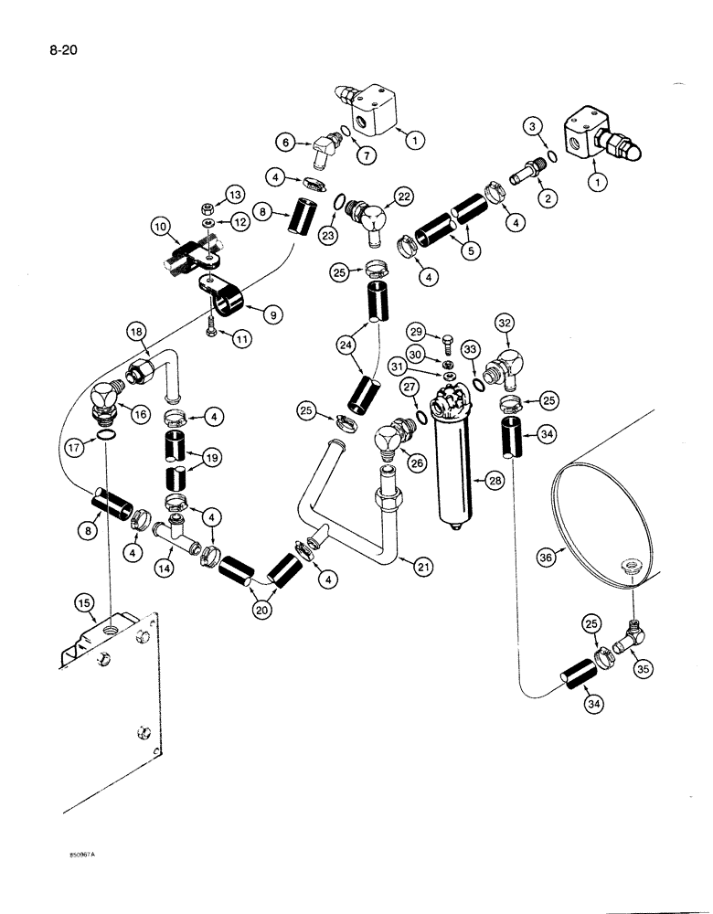 Схема запчастей Case 1085B - (8-020) - HYDRAULIC RETURN CIRCUIT, MAIN RELIEF VALVES TO RESERVOIR (08) - HYDRAULICS