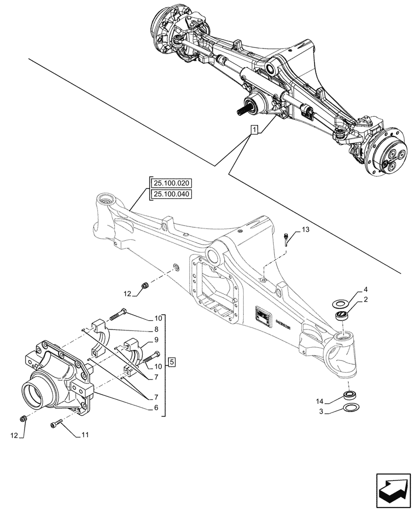 Схема запчастей Case 580SN - (25.100.030) - FRONT AXLE, DIFFERENTIAL, COVERS, 4WD (25) - FRONT AXLE SYSTEM