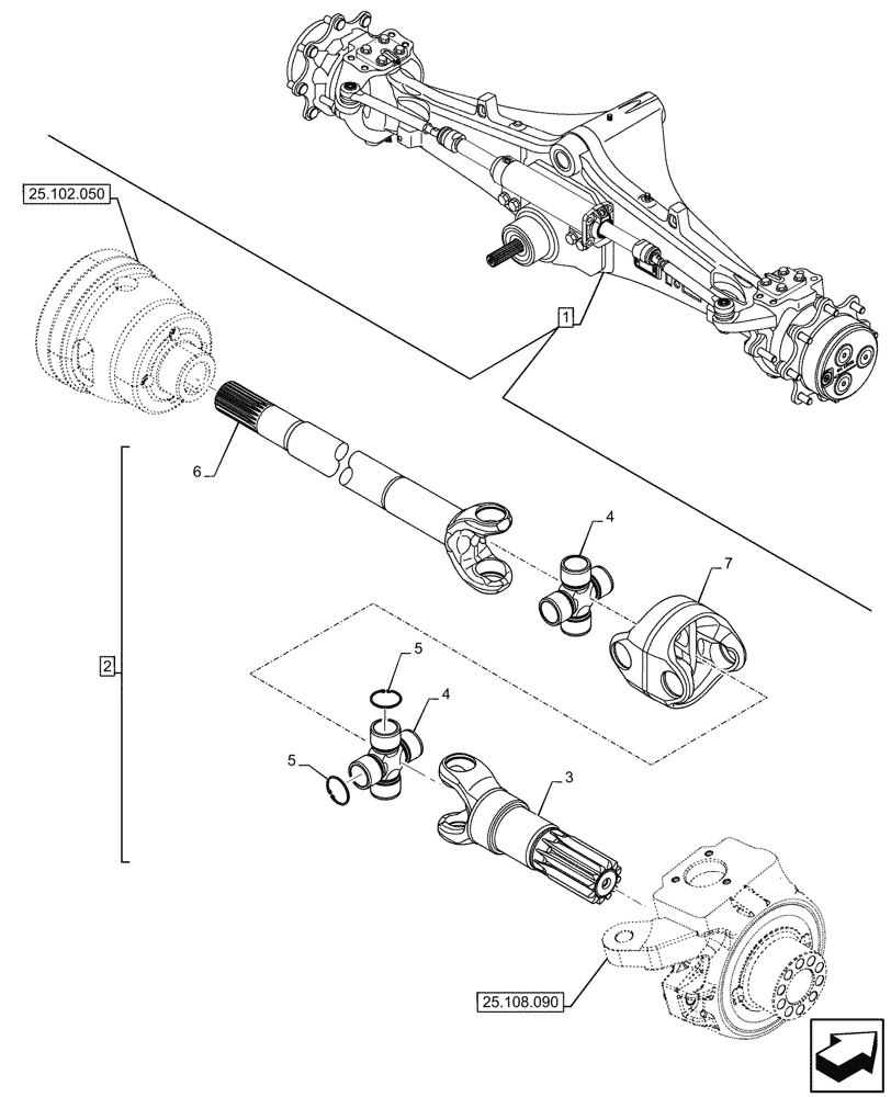 Схема запчастей Case 580N - (25.108.110) - FRONT AXLE, SHAFT, 4WD (25) - FRONT AXLE SYSTEM