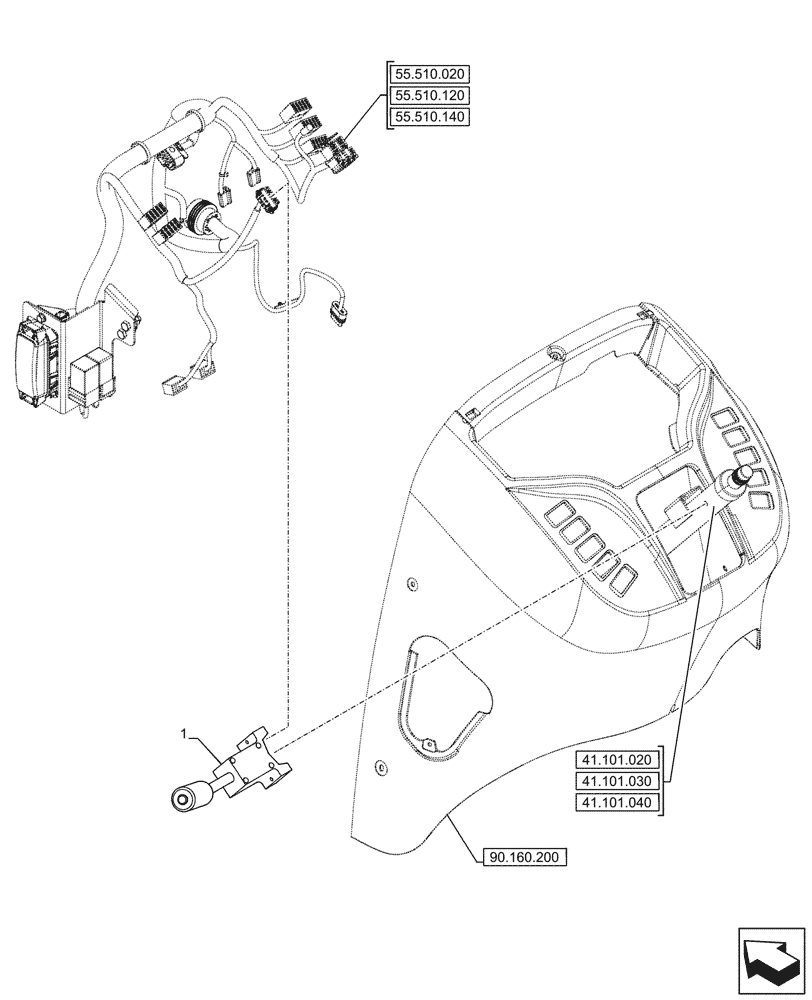 Схема запчастей Case 580N - (55.513.030) - VAR - 423058 - TRANSMISSION, POWERSHUTTLE, FORWARD/REVERSE LEVER, SWITCH, 2WD (55) - ELECTRICAL SYSTEMS