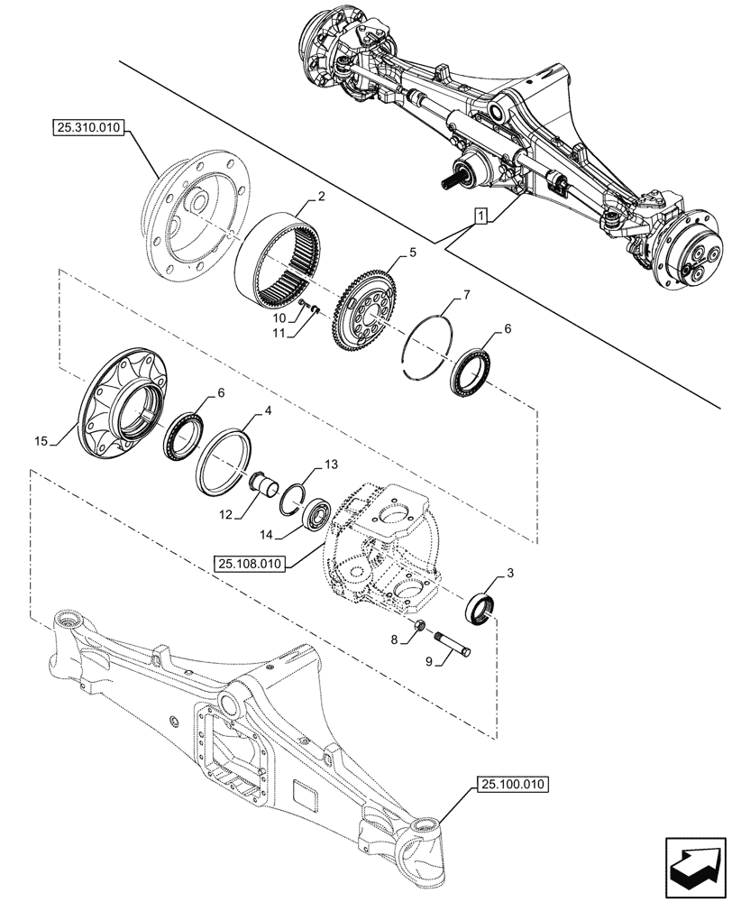 Схема запчастей Case 580SN - (25.108.020) - FRONT AXLE, COMPONENTS, STEERING KNUCKLE, LH, STD, 4WD (25) - FRONT AXLE SYSTEM