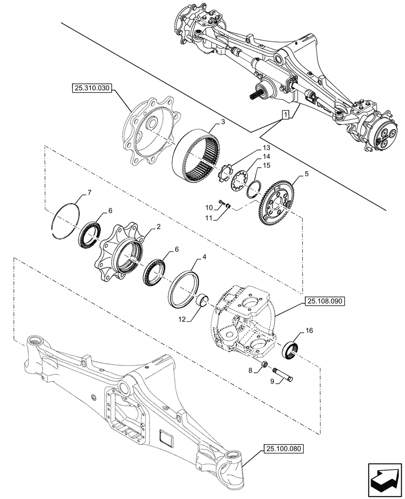 Схема запчастей Case 580N - (25.108.100) - FRONT AXLE, STEERING KNUCKLE, HUB, 4WD (25) - FRONT AXLE SYSTEM