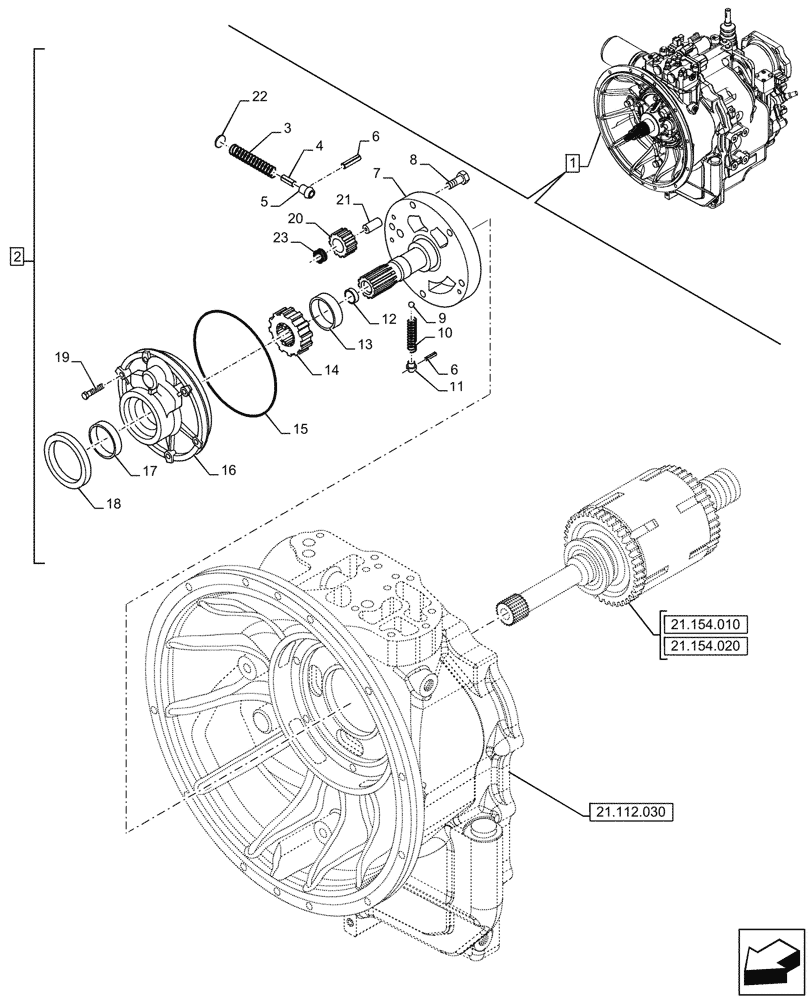 Схема запчастей Case 580SN - (21.112.070) - VAR - 423058 - TRANSMISSION, POWERSHUTTLE, COMPONENTS, OIL PUMP, 2WD (21) - TRANSMISSION