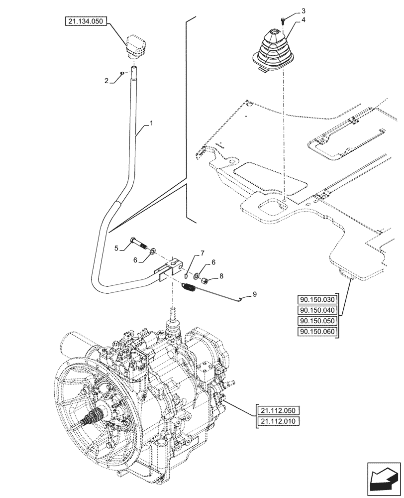 Схема запчастей Case 580N - (21.134.010) - VAR - 423058, 423059 - TRANSMISSION, POWERSHUTTLE, CONTROL LEVER, RANGE, 2WD (21) - TRANSMISSION