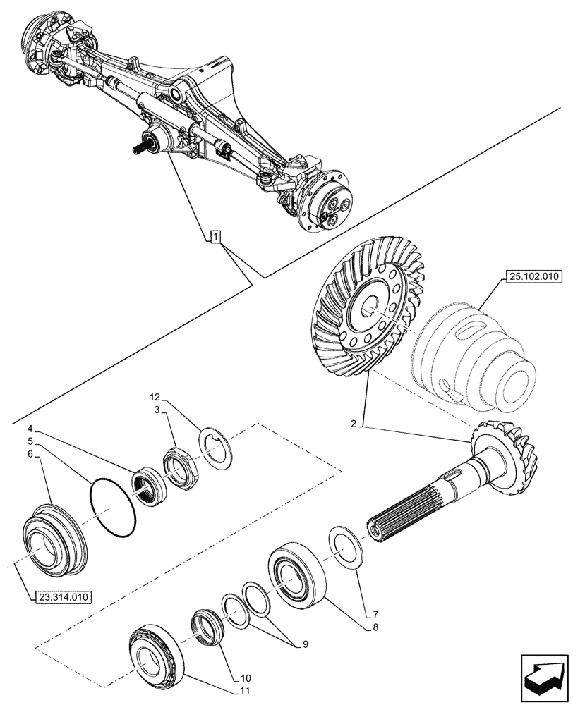 Схема запчастей Case 580SN - (25.102.020) - FRONT AXLE, COMPONENTS, BEVEL GEAR, 4WD (25) - FRONT AXLE SYSTEM