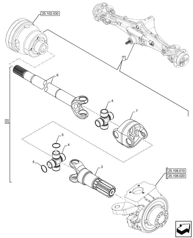 Схема запчастей Case 590SN - (25.108.080) - FRONT AXLE, SHAFT, STD, 4WD (25) - FRONT AXLE SYSTEM