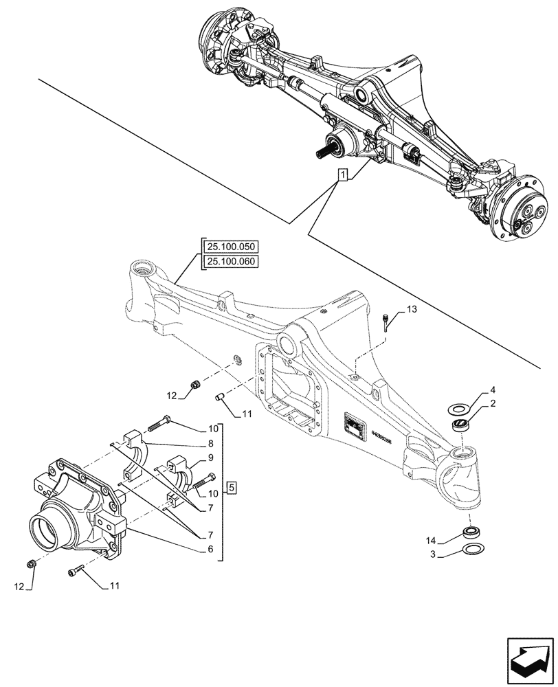 Схема запчастей Case 590SN - (25.100.060) - FRONT AXLE, DIFFERENTIAL, COVERS, 4WD (25) - FRONT AXLE SYSTEM