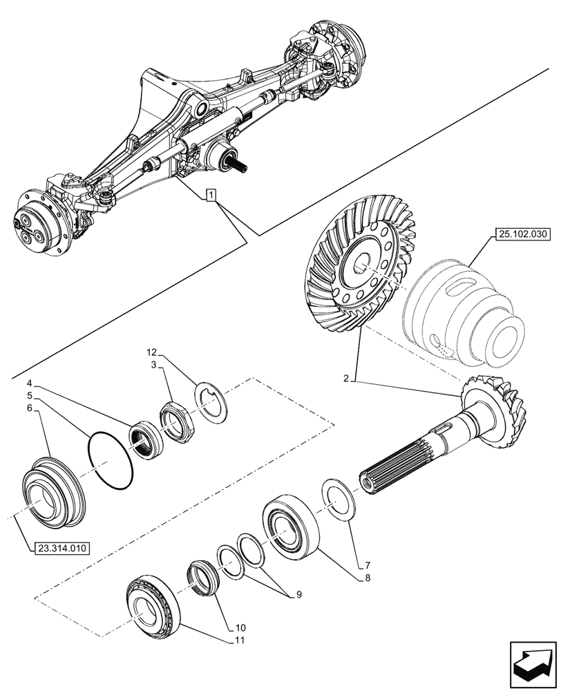 Схема запчастей Case 590SN - (25.102.040) - FRONT AXLE, BEVEL GEAR, 4WD (25) - FRONT AXLE SYSTEM
