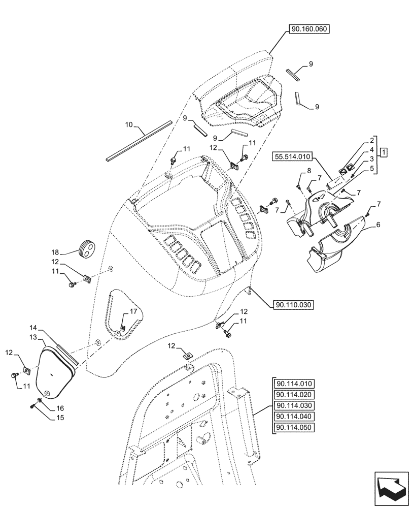 Схема запчастей Case 580SN WT - (90.110.070) - CANOPY, FRONT, CONSOLE, STEERING COLUMN, COVERS (90) - PLATFORM, CAB, BODYWORK AND DECALS