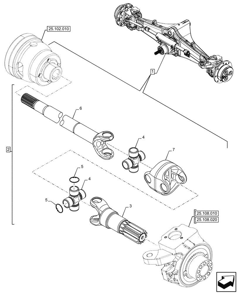Схема запчастей Case 580SN - (25.108.040) - FRONT AXLE, SHAFT, STD, 4WD (25) - FRONT AXLE SYSTEM