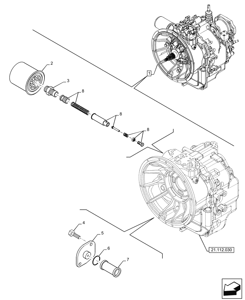Схема запчастей Case 580N - (21.104.020) - VAR - 423058 - TRANSMISSION, POWERSHUTTLE, COMPONENTS, OIL FILTER, 2WD (21) - TRANSMISSION