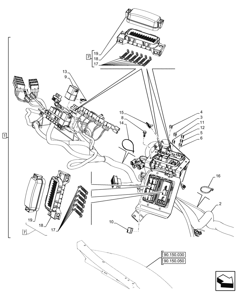 Схема запчастей Case 580SN - (55.100.090) - VAR - 423060, 423061, 423062 - SEMI-POWERSHIFT, POWERSHIFT, TRANSMISSION, RIGHT SIDE, HARNESS, FUSE BOX (55) - ELECTRICAL SYSTEMS