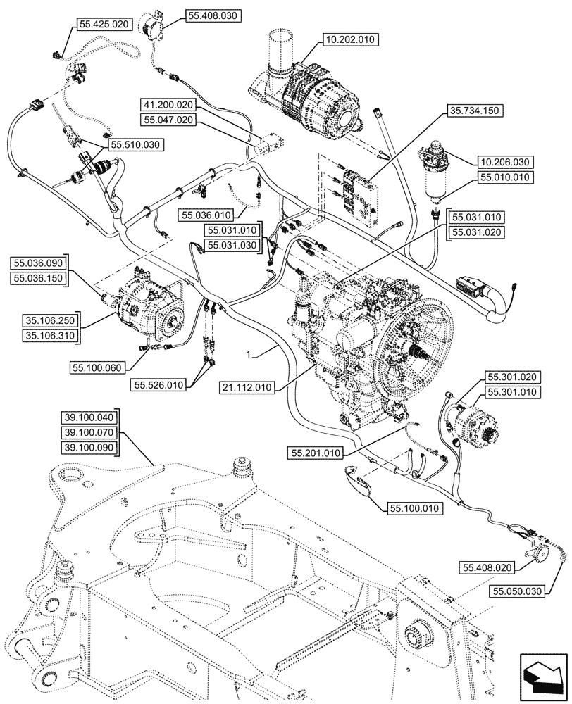 Схема запчастей Case 580SN - (55.101.020) - VAR - 423058, 423059 - POWERSHUTTLE, TRANSMISSION, CHASSIS, HARNESS (55) - ELECTRICAL SYSTEMS