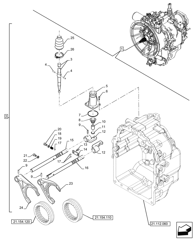 Схема запчастей Case 580N - (21.134.050) - VAR - 423059 - TRANSMISSION, POWERSHUTTLE, COMPONENTS, CONTROL LEVER, 4WD (21) - TRANSMISSION