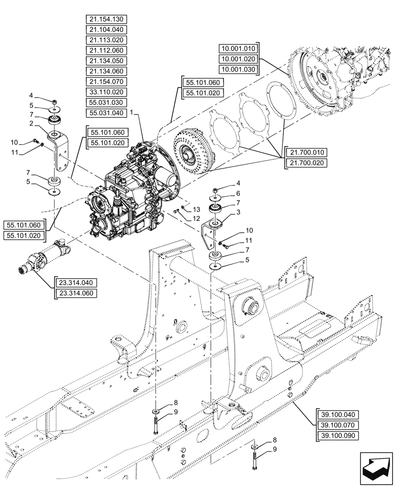 Схема запчастей Case 580N - (21.112.050) - VAR - 423059 - TRANSMISSION, POWERSHUTTLE, 4WD (21) - TRANSMISSION