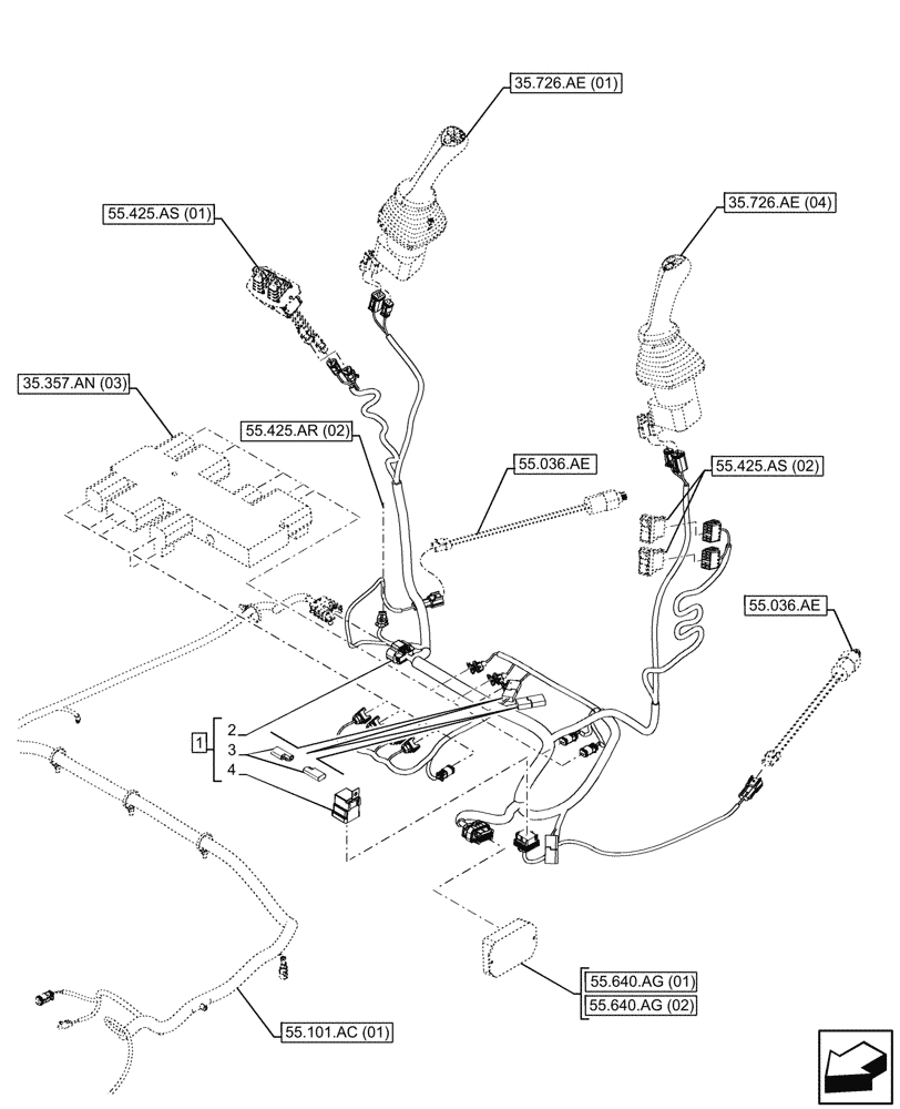 Схема запчастей Case 580N EP - (55.425.AS[03]) - VAR - 423078, 747669 - BACKHOE ARM, PILOT CONTROLS, HARNESS, RELAY, DIODE (55) - ELECTRICAL SYSTEMS