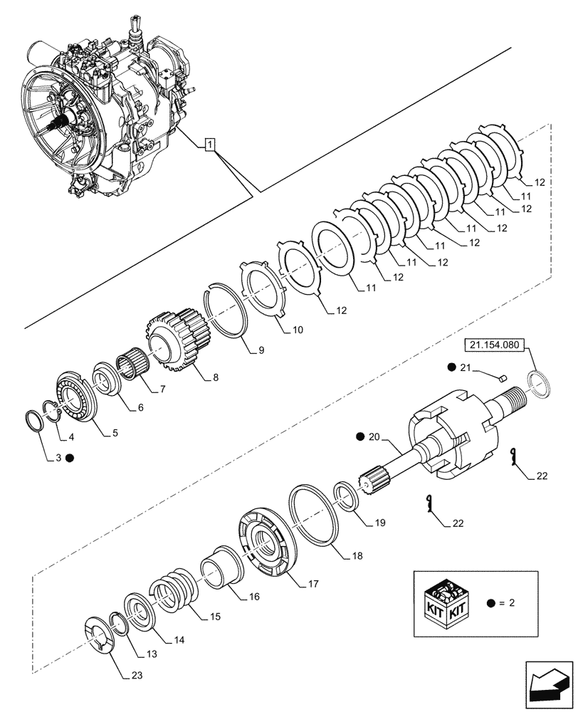 Схема запчастей Case 580SN - (21.154.070) - VAR - 423059 - TRANSMISSION, POWERSHUTTLE, COMPONENTS, PTO, INPUT SHAFT, 4WD (21) - TRANSMISSION