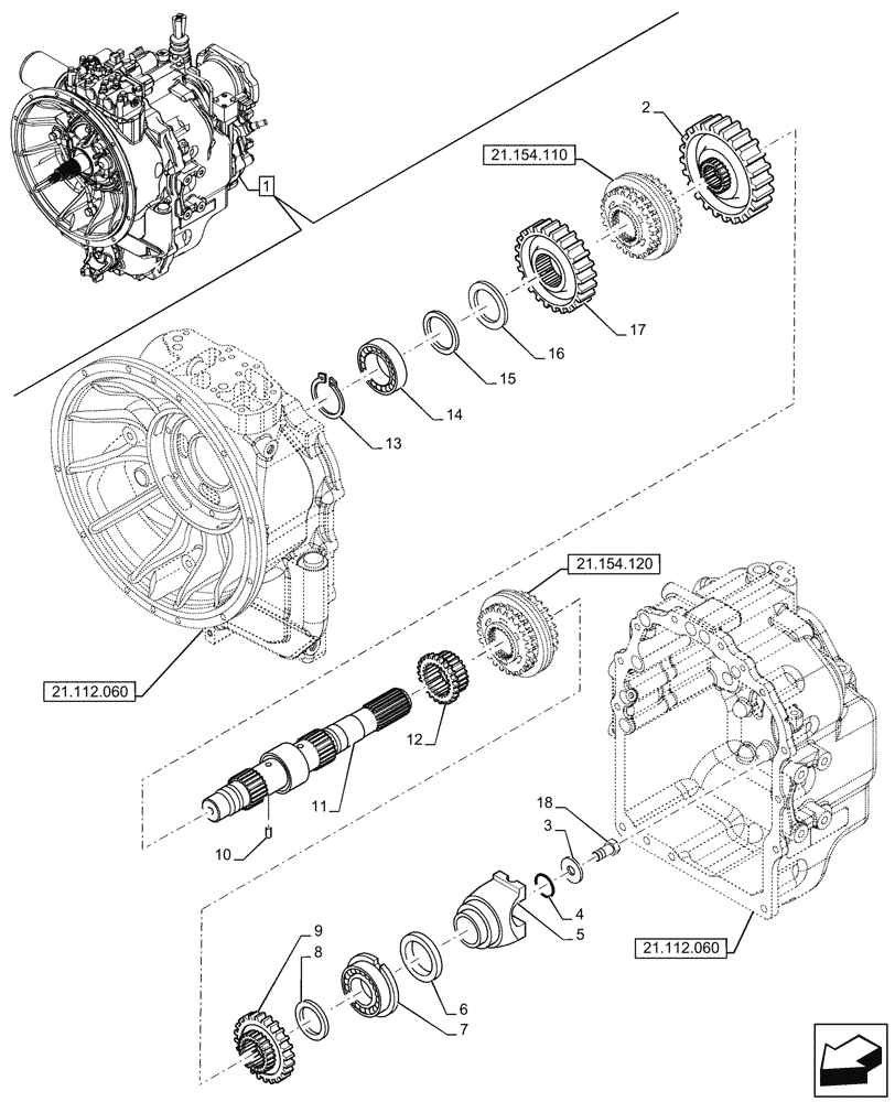 Схема запчастей Case 580N - (21.154.100) - VAR - 423059 - TRANSMISSION, POWERSHUTTLE, COMPONENTS, DRIVE SHAFT, 4WD (21) - TRANSMISSION