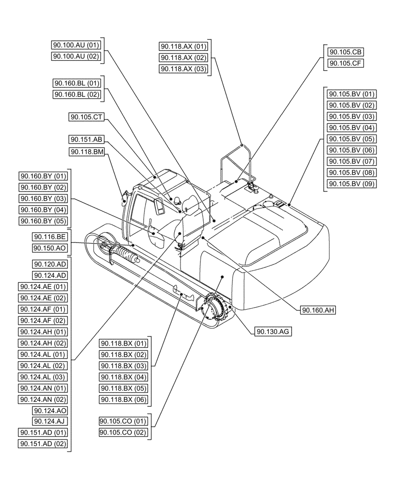 Схема запчастей Case CX350D LC - (00.000.90[01]) - PICTORIAL INDEX - PLATFORM, CAB, BODYWORK AND DECALS (00) - GENERAL & PICTORIAL INDEX