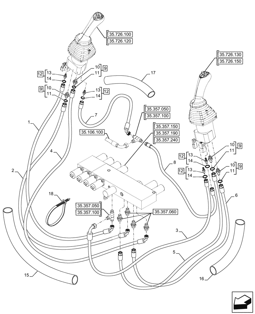 Схема запчастей Case 580N - (35.357.080) - VAR - 423078, 747669 - PILOT CONTROLS, JOYSTICK, LINE (35) - HYDRAULIC SYSTEMS