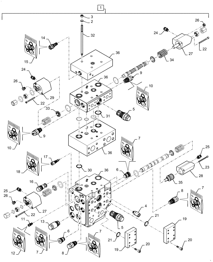 Схема запчастей Case 1121G - (35.359.010[01]) - VAR - 734051, 734052 - CONTROL VALVE ASSY, 2 FUNCTION, 3 SPOOL (35) - HYDRAULIC SYSTEMS