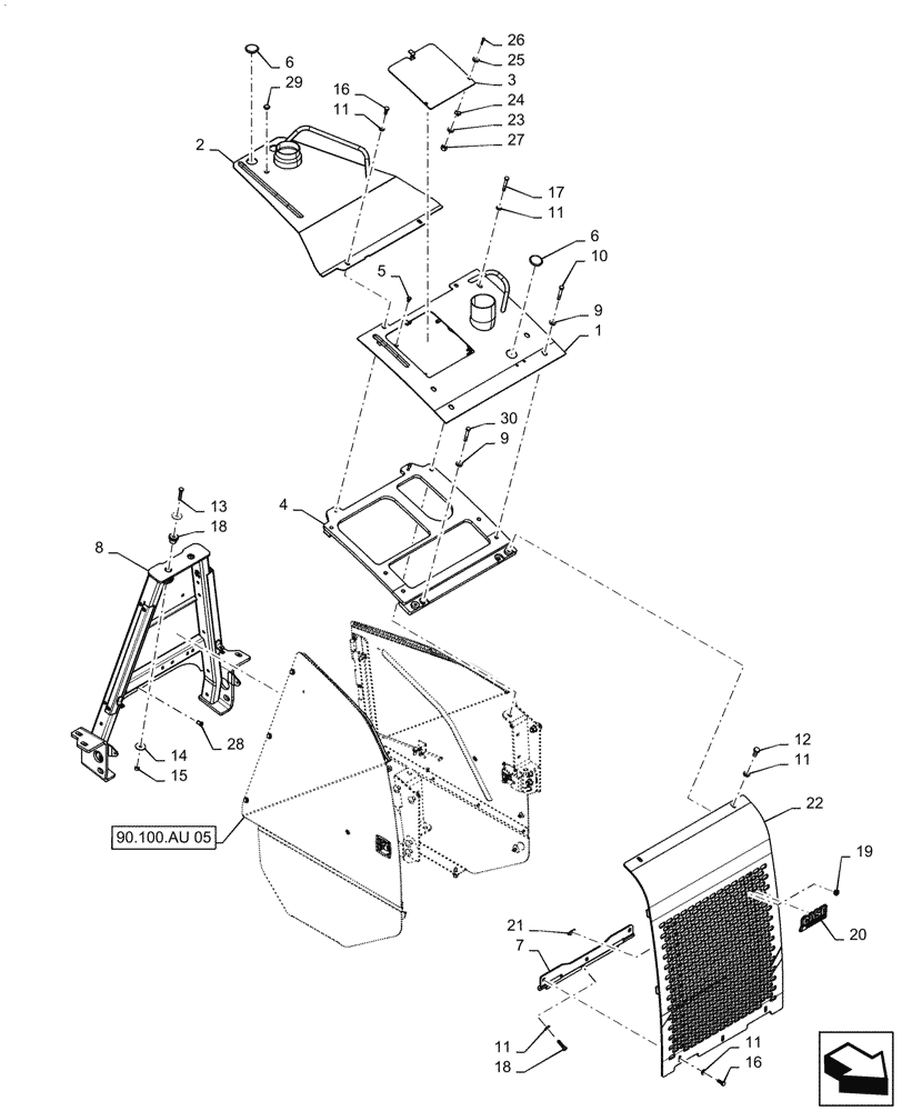 Схема запчастей Case 2050M XLT PAT - (90.100.010) - TOP COVER, FRONT (90) - PLATFORM, CAB, BODYWORK AND DECALS