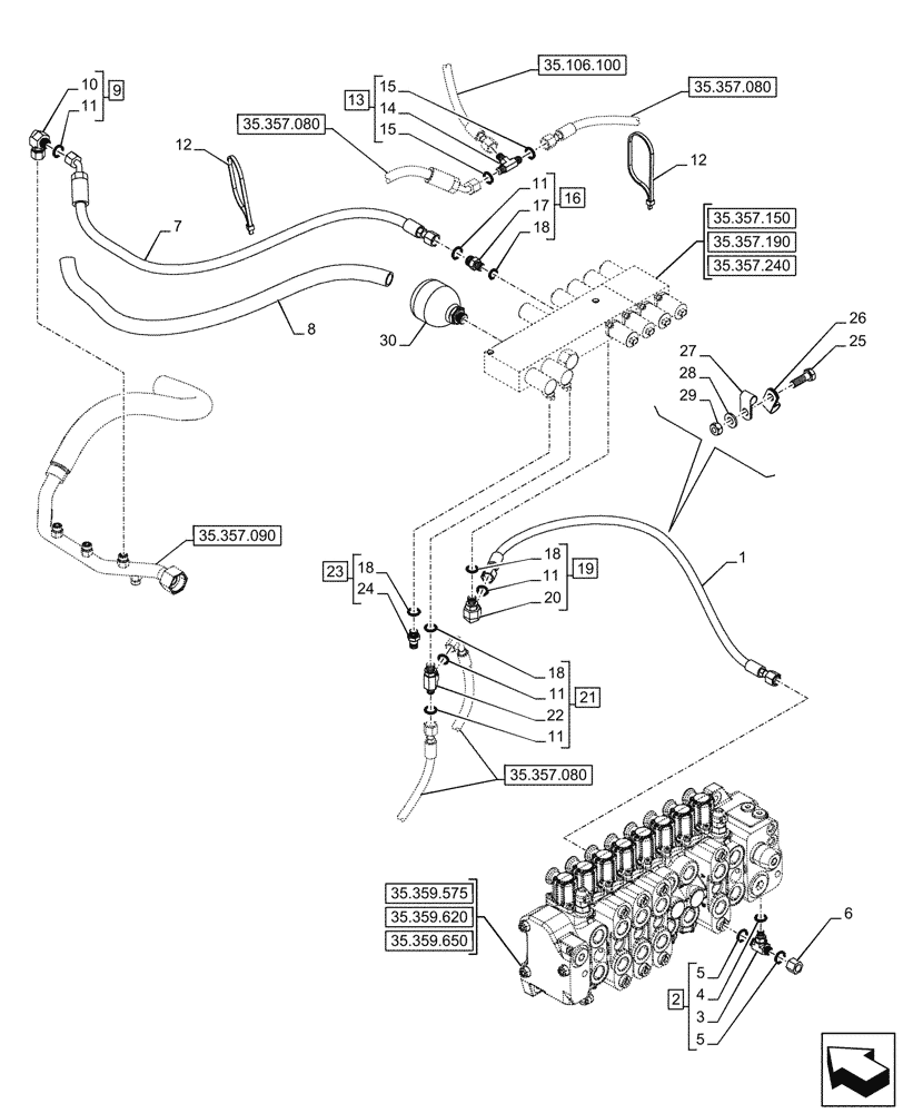 Схема запчастей Case 580SN - (35.357.100) - VAR - 423078 - BACKHOE ARM, PILOT CONTROLS, LINE (35) - HYDRAULIC SYSTEMS