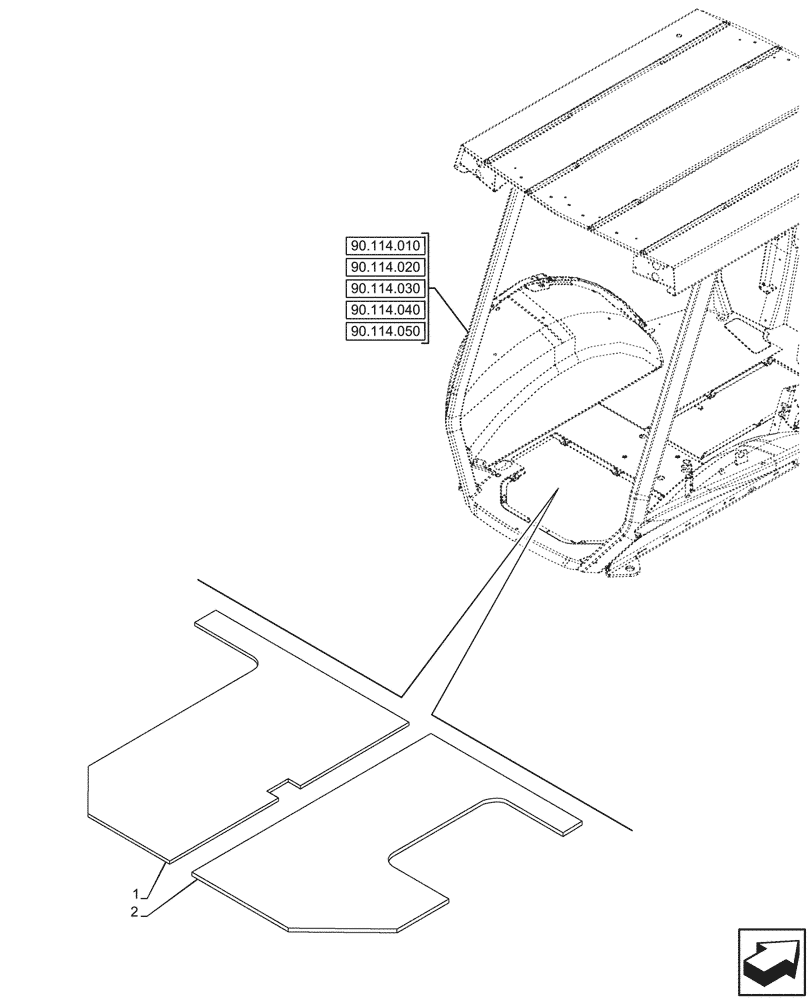 Схема запчастей Case 580SN WT - (90.105.050) - CANOPY, FLOOR, FOAM INSULATION, W/ PILOT CONTROLS (90) - PLATFORM, CAB, BODYWORK AND DECALS