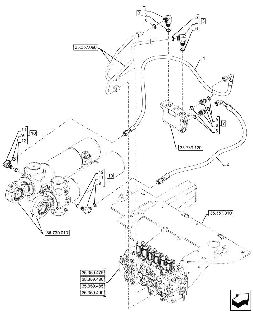 Схема запчастей Case 580N - (35.739.130) - VAR - 747669 - BOOM SWING, PILOT CONTROLS, DAMPING VALVE, LINE (35) - HYDRAULIC SYSTEMS