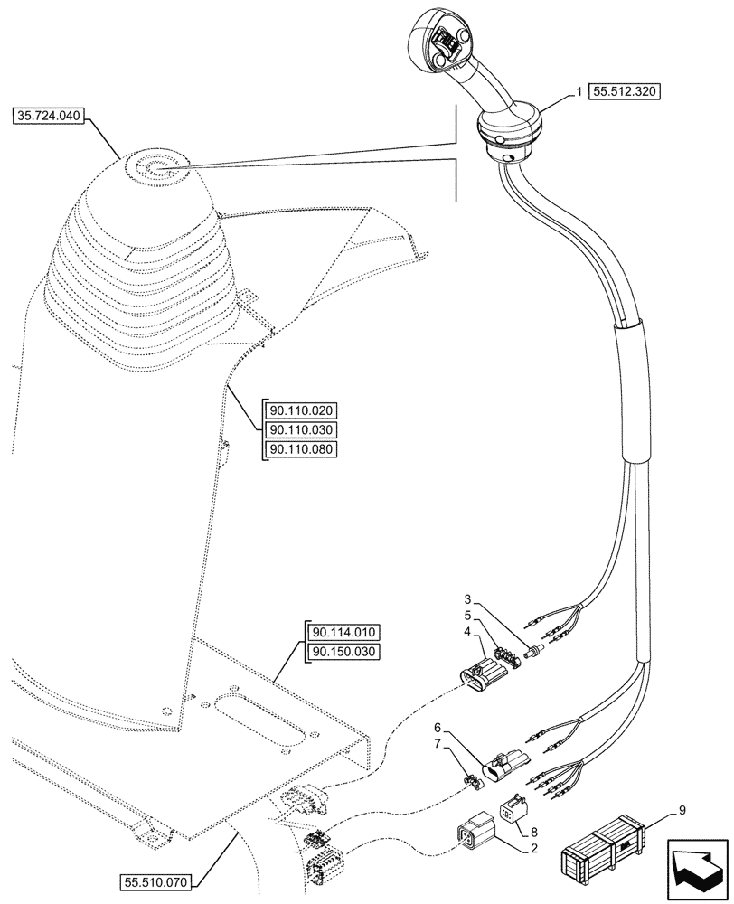 Схема запчастей Case 580N - (55.512.310) - 3-SPOOL CONTROL VALVE, POWERSHUTTLE, TRANSMISSION, LOADER, JOYSTICK MOUNTING (55) - ELECTRICAL SYSTEMS
