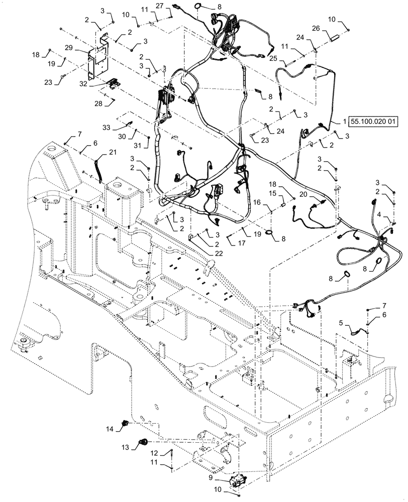 Схема запчастей Case 1121G - (55.100.010[01]) - ENGINE & REAR CHASSIS HARNESS INSTALLATION (55) - ELECTRICAL SYSTEMS