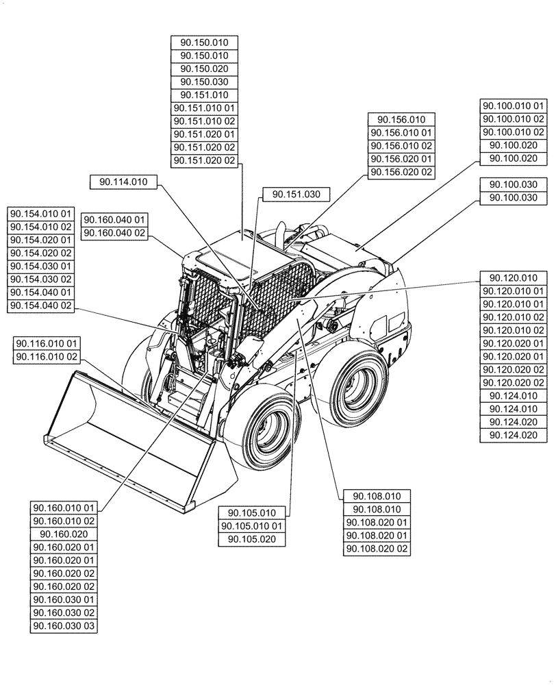 Схема запчастей Case TR340 - (90.000.00) - PICTORIAL INDEX - PLATFORM, CAB, BODYWORK AND DECALS (90) - PLATFORM, CAB, BODYWORK AND DECALS