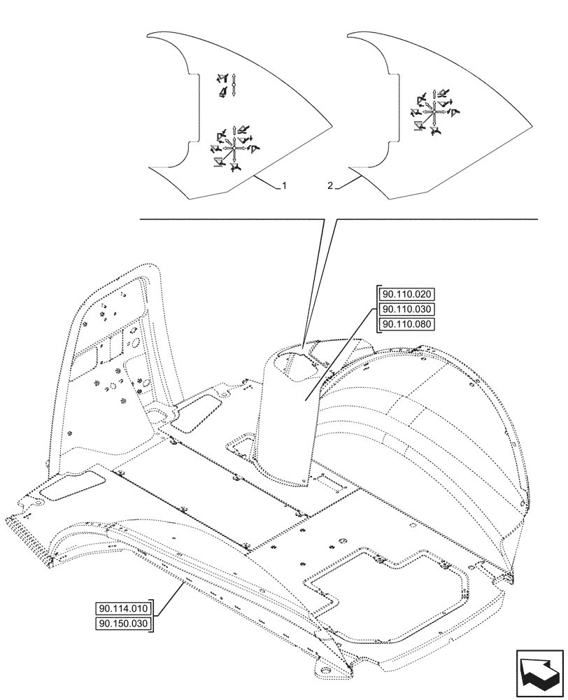 Схема запчастей Case 590SN - (90.108.032) - POWERSHUTTLE, TRANSMISSION, CONTROL VALVE, LOADER, DECAL (90) - PLATFORM, CAB, BODYWORK AND DECALS