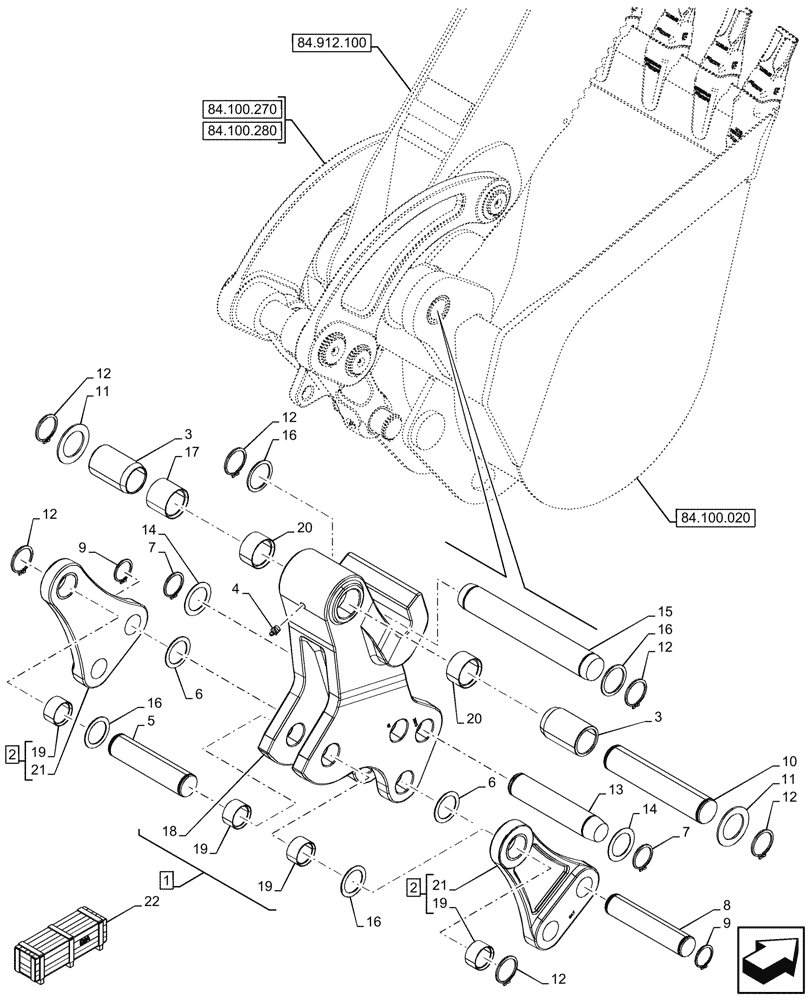 Схема запчастей Case 590SN - (84.100.120) - VAR - 745162 - BACKHOE BUCKET, UNIVERSAL, COUPLING, STANDARD DIPPER, LINK (84) - BOOMS, DIPPERS & BUCKETS