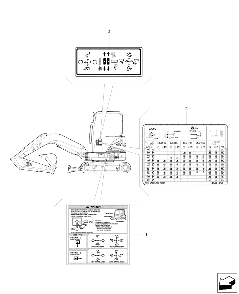 Схема запчастей Case CX26C - (90.108.040) - VAR - 405019, 405021, 405023, 405024, 405043, 405044, 405047, 405051, 747060 - DECAL - CANOPY (90) - PLATFORM, CAB, BODYWORK AND DECALS